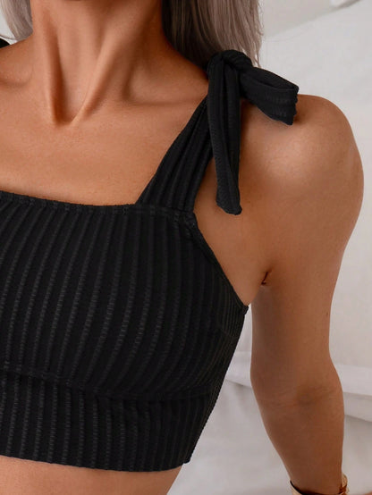 Women's Fashion Bamboo Pattern Bowknot Sexy Tankini Swimwear Vacation Beach Black Summer