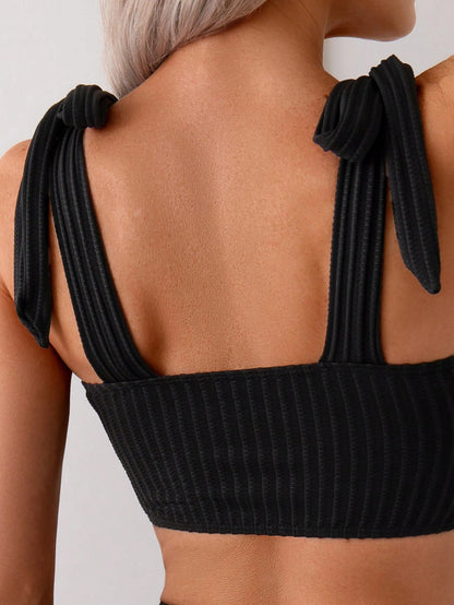 Women's Fashion Bamboo Pattern Bowknot Sexy Tankini Swimwear Vacation Beach Black Summer