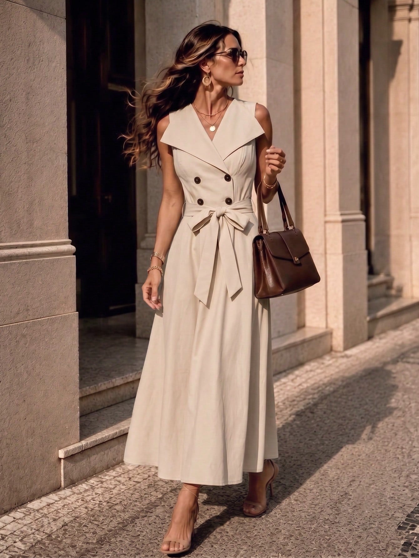 Women's Fashion Elegant Large Collar Waist-Cinching Slimming Full Skirt Sleeveless Midi Dress, Fashion Commute, Daily Party, Date Outing Dress