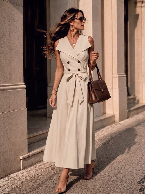 Women's Fashion Elegant Large Collar Waist-Cinching Slimming Full Skirt Sleeveless Midi Dress, Fashion Commute, Daily Party, Date Outing Dress