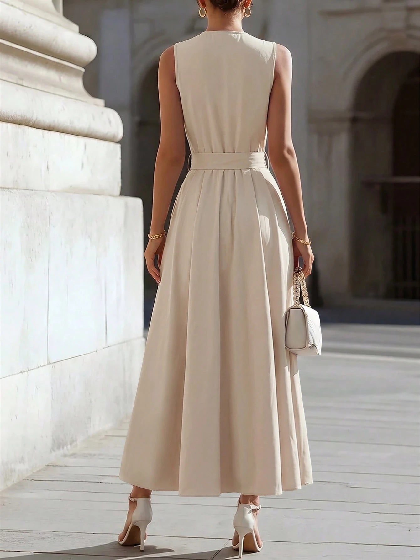 Women's Fashion Elegant Large Collar Waist-Cinching Slimming Full Skirt Sleeveless Midi Dress, Fashion Commute, Daily Party, Date Outing Dress