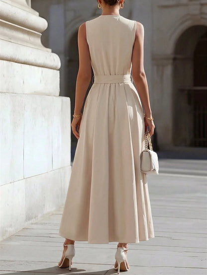 Women's Fashion Elegant Large Collar Waist-Cinching Slimming Full Skirt Sleeveless Midi Dress, Fashion Commute, Daily Party, Date Outing Dress