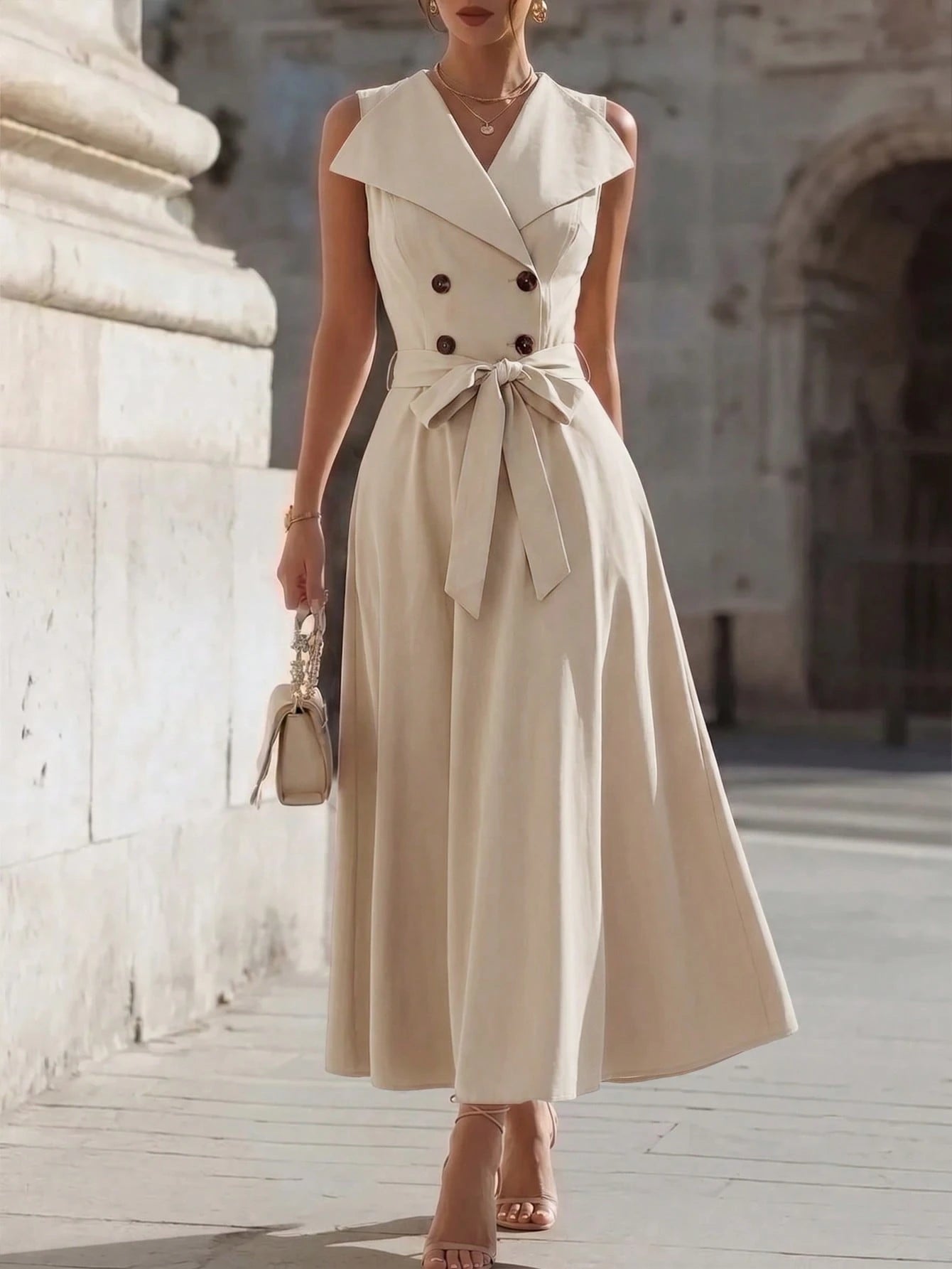 Women's Fashion Elegant Large Collar Waist-Cinching Slimming Full Skirt Sleeveless Midi Dress, Fashion Commute, Daily Party, Date Outing Dress