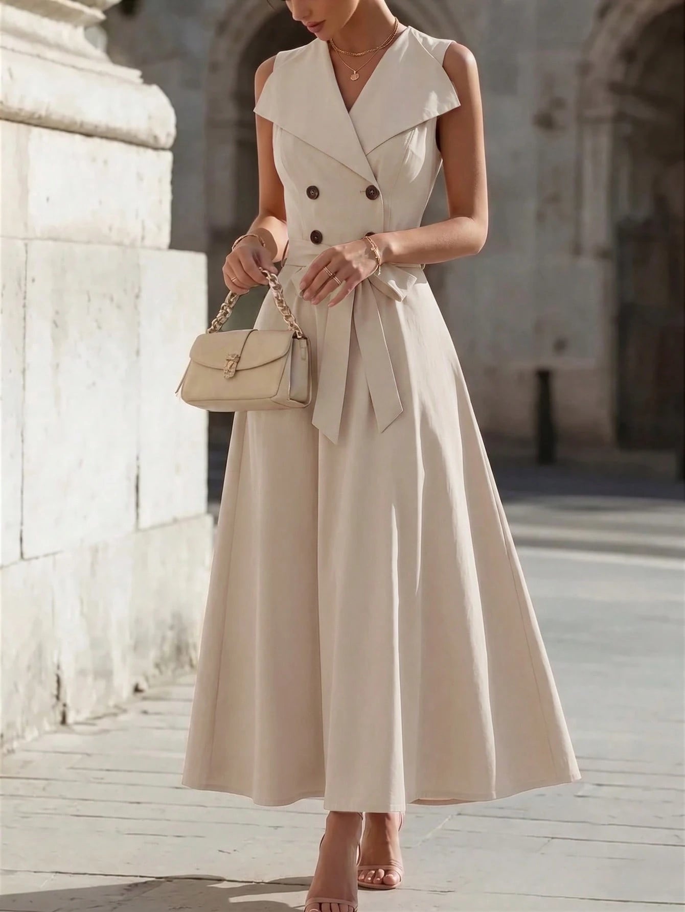Women's Fashion Elegant Large Collar Waist-Cinching Slimming Full Skirt Sleeveless Midi Dress, Fashion Commute, Daily Party, Date Outing Dress