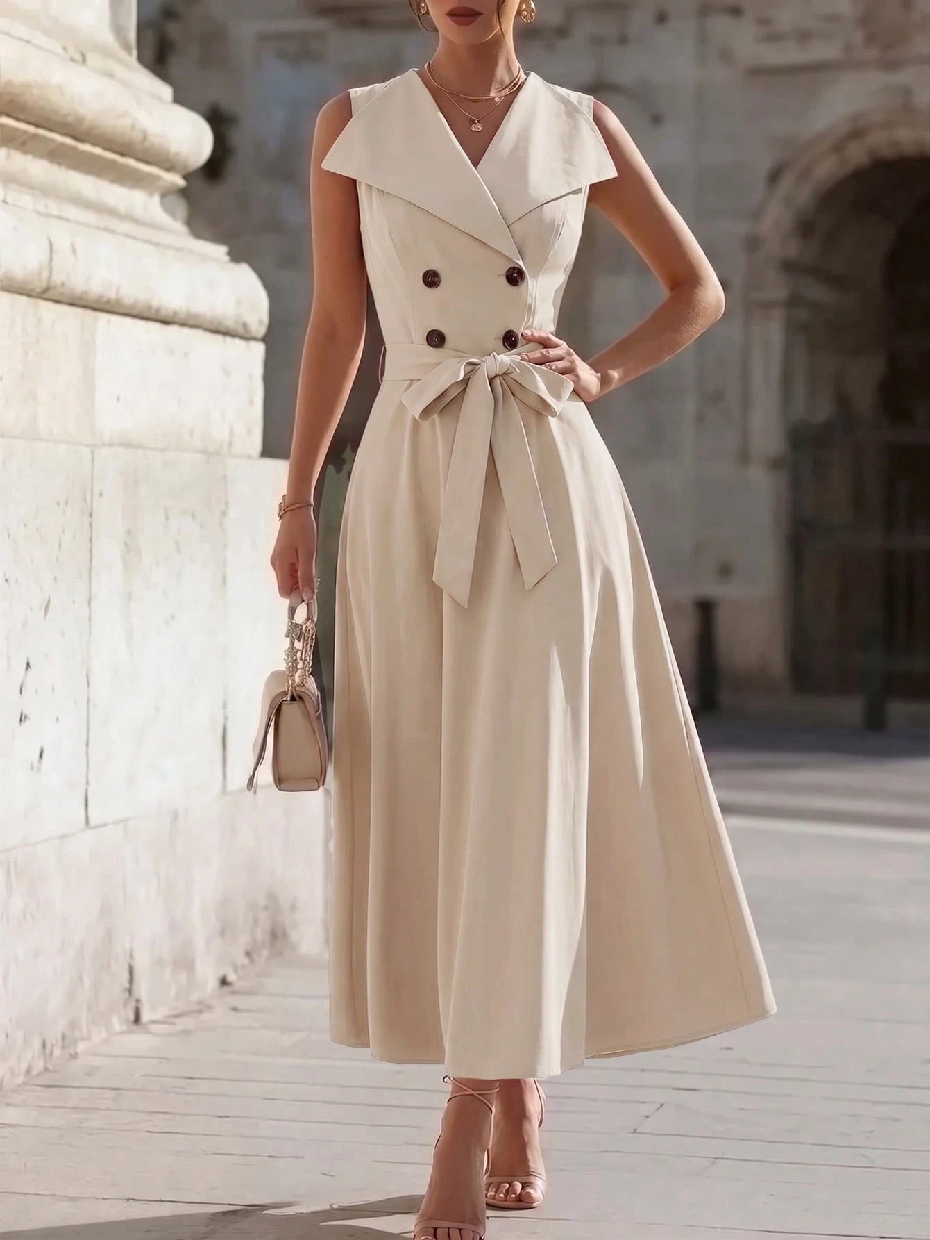 Women's Fashion Elegant Large Collar Waist-Cinching Slimming Full Skirt Sleeveless Midi Dress, Fashion Commute, Daily Party, Date Outing Dress