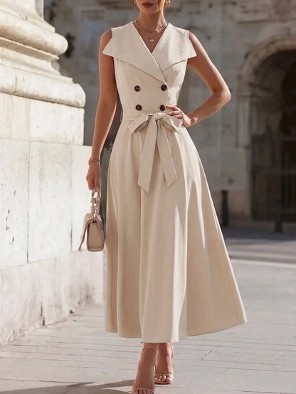 Women's Fashion Elegant Large Collar Waist-Cinching Slimming Full Skirt Sleeveless Midi Dress, Fashion Commute, Daily Party, Date Outing Dress