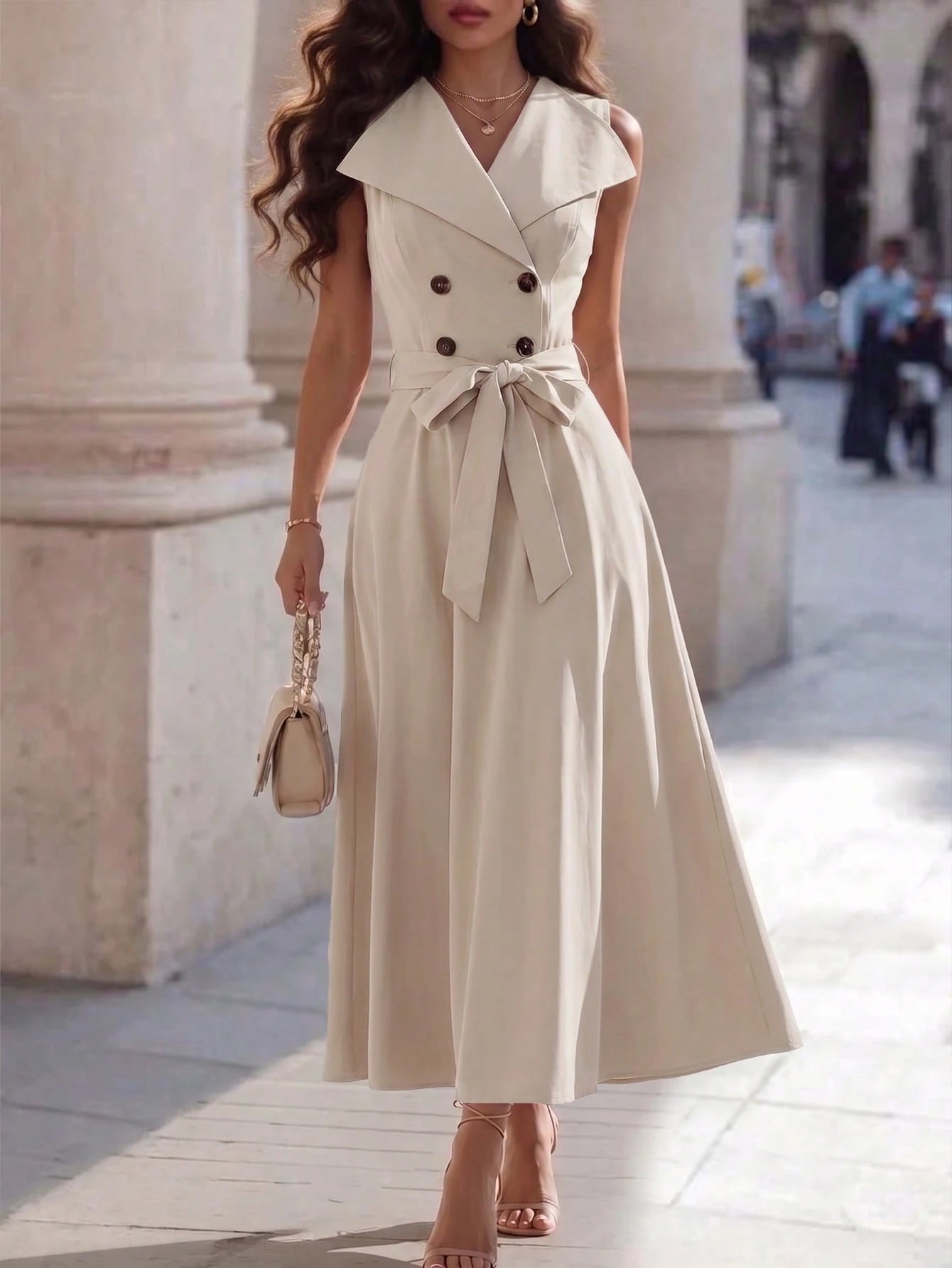 Women's Fashion Elegant Large Collar Waist-Cinching Slimming Full Skirt Sleeveless Midi Dress, Fashion Commute, Daily Party, Date Outing Dress