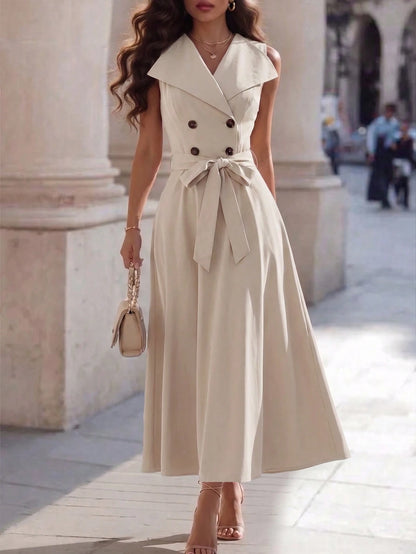 Women's Fashion Elegant Large Collar Waist-Cinching Slimming Full Skirt Sleeveless Midi Dress, Fashion Commute, Daily Party, Date Outing Dress
