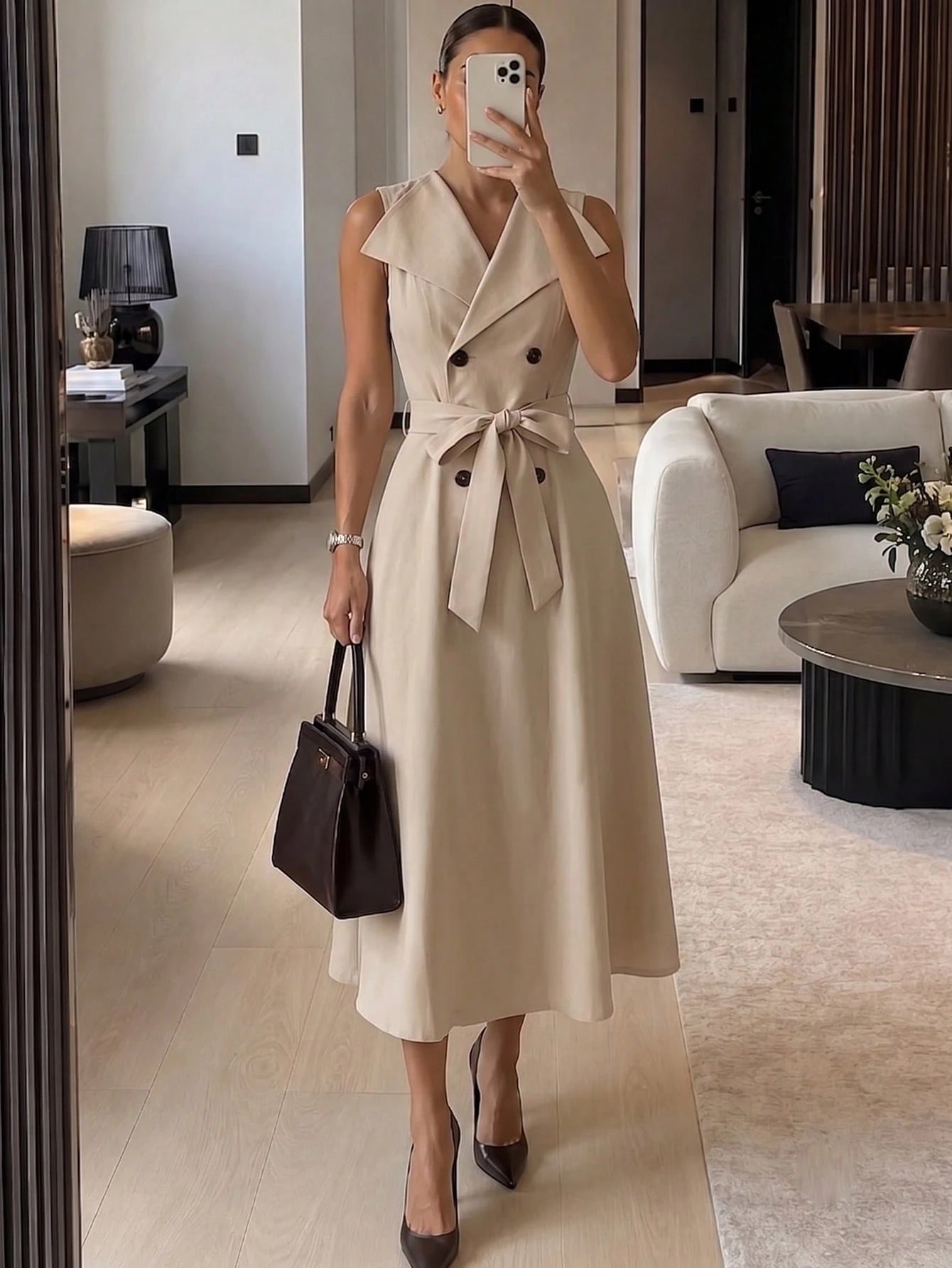 Women's Fashion Elegant Large Collar Waist-Cinching Slimming Full Skirt Sleeveless Midi Dress, Fashion Commute, Daily Party, Date Outing Dress