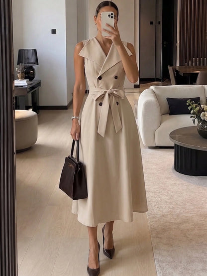 Women's Fashion Elegant Large Collar Waist-Cinching Slimming Full Skirt Sleeveless Midi Dress, Fashion Commute, Daily Party, Date Outing Dress