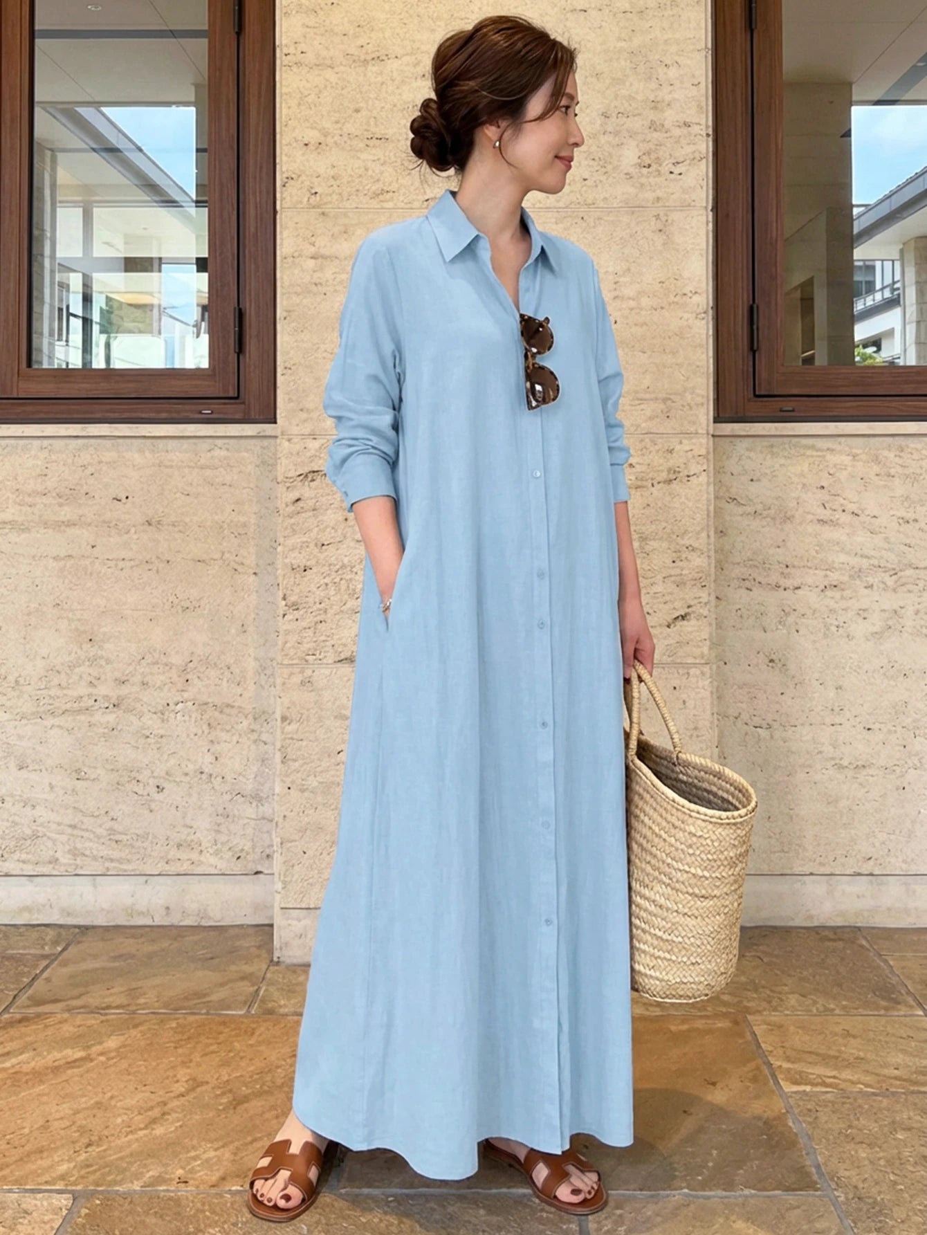 Women's Fashion Solid Color Long Sleeve Shirt Dress Casual Spring Elegant