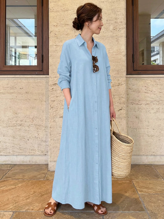 Women's Fashion Solid Color Long Sleeve Shirt Dress Casual Spring Elegant