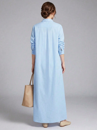 Women's Fashion Solid Color Long Sleeve Shirt Dress Casual Spring Elegant