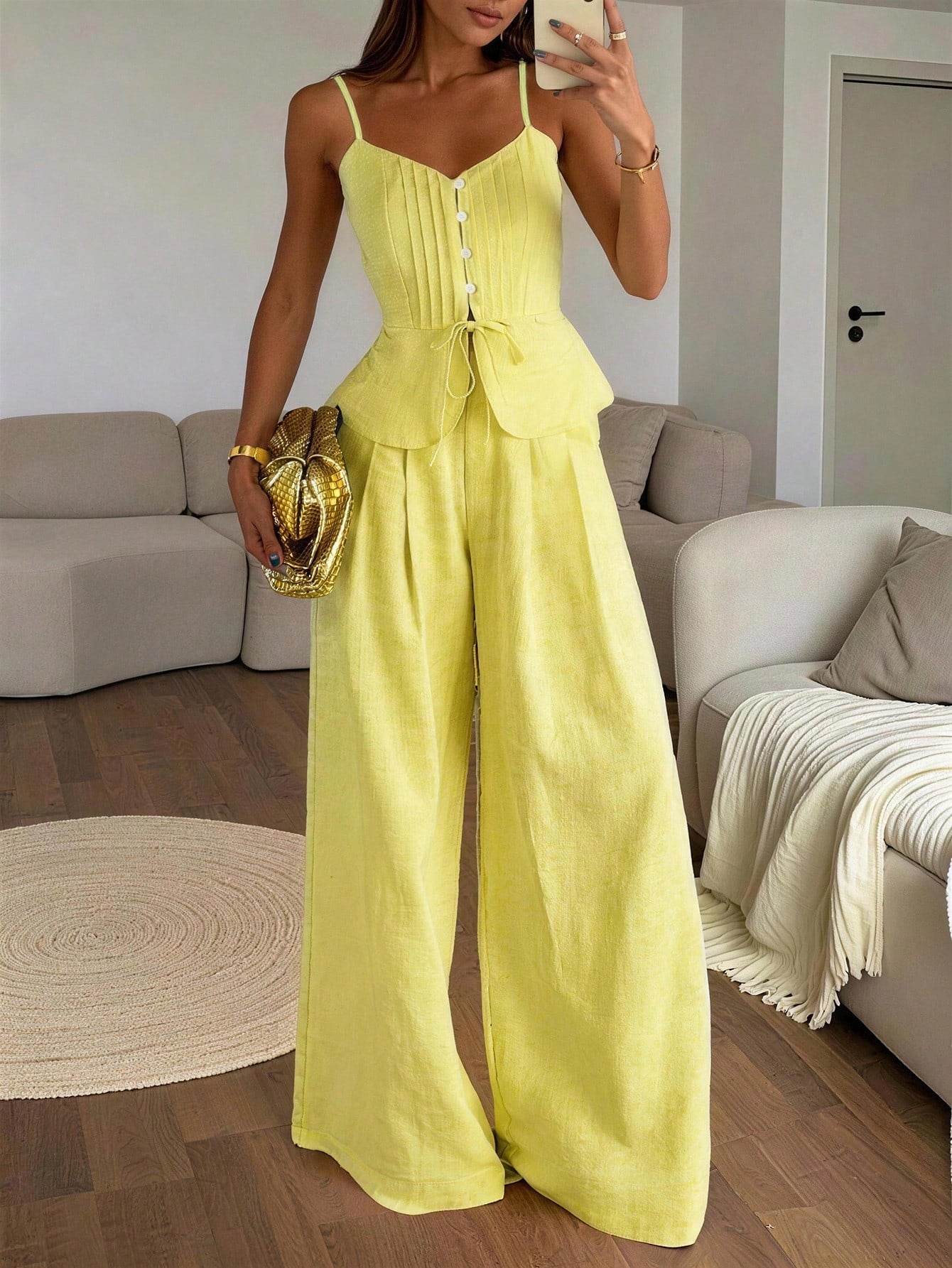 Women's Fashion Striped Button Tie Camisole And Casual Pocket Pants 2 Pieces Set