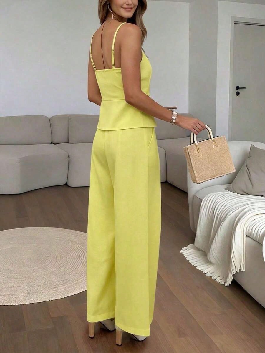 Women's Fashion Striped Button Tie Camisole And Casual Pocket Pants 2 Pieces Set