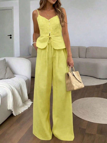 Women's Fashion Striped Button Tie Camisole And Casual Pocket Pants 2 Pieces Set