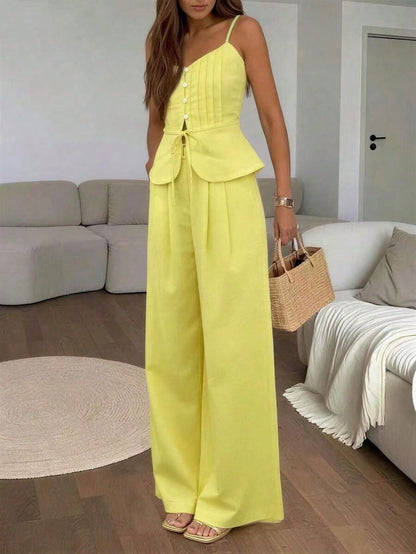 Women's Fashion Striped Button Tie Camisole And Casual Pocket Pants 2 Pieces Set