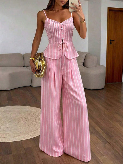 Women's Fashion Striped Button Tie Camisole And Casual Pocket Pants 2 Pieces Set