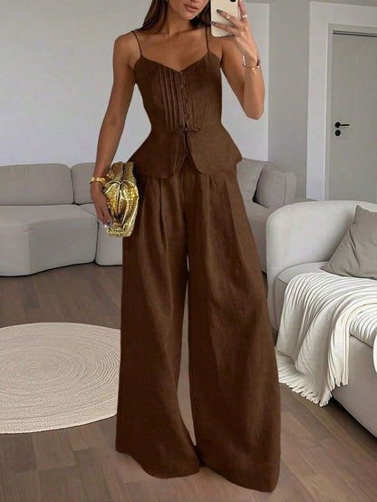 Women's Fashion Striped Button Tie Camisole And Casual Pocket Pants 2 Pieces Set