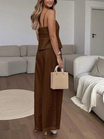 Women's Fashion Striped Button Tie Camisole And Casual Pocket Pants 2 Pieces Set