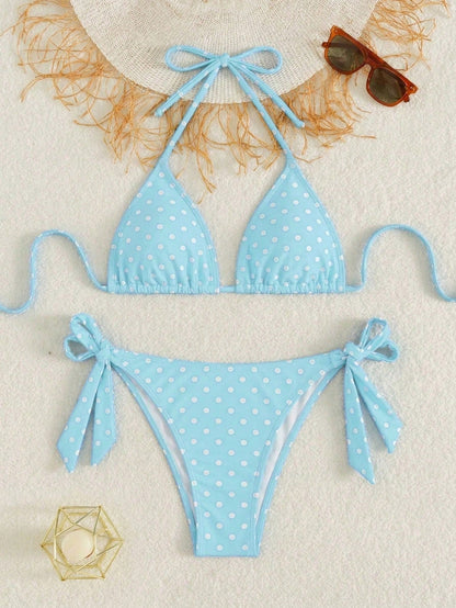 Women's Fashionable & Cute Black & White Polka Dot Design Bikini 2 Pieces Set, Essential For Beach & Spa Vacation Summer, Aesthetic