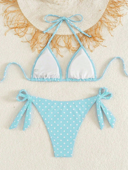 Women's Fashionable & Cute Black & White Polka Dot Design Bikini 2 Pieces Set, Essential For Beach & Spa Vacation Summer, Aesthetic