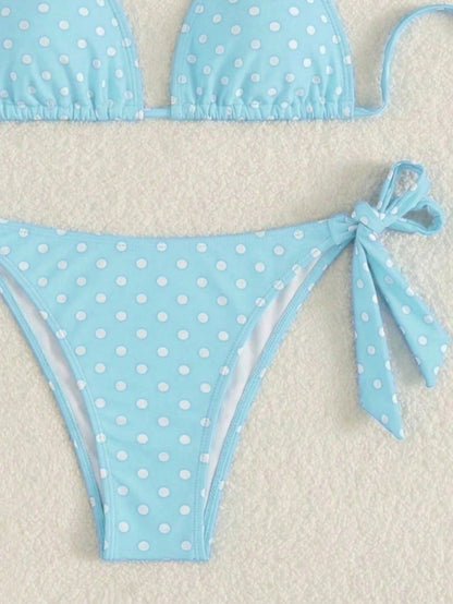 Women's Fashionable & Cute Black & White Polka Dot Design Bikini 2 Pieces Set, Essential For Beach & Spa Vacation Summer, Aesthetic