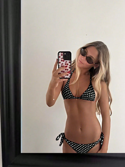 Women's Fashionable & Cute Black & White Polka Dot Design Bikini 2 Pieces Set, Essential For Beach & Spa Vacation Summer, Aesthetic