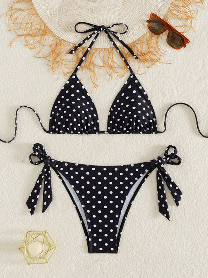 Women's Fashionable & Cute Black & White Polka Dot Design Bikini 2 Pieces Set, Essential For Beach & Spa Vacation Summer, Aesthetic