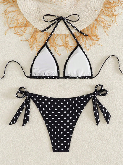 Women's Fashionable & Cute Black & White Polka Dot Design Bikini 2 Pieces Set, Essential For Beach & Spa Vacation Summer, Aesthetic