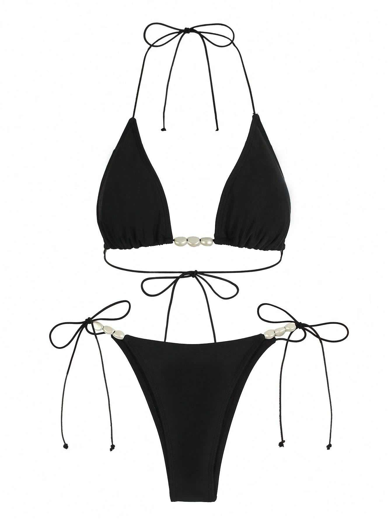 Women's Fashionable Elegant Black Beaded Halter Bikini Set, Suitable For Beach Vacation, Party And Gathering Summer