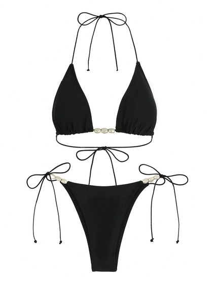 Women's Fashionable Elegant Black Beaded Halter Bikini Set, Suitable For Beach Vacation, Party And Gathering Summer