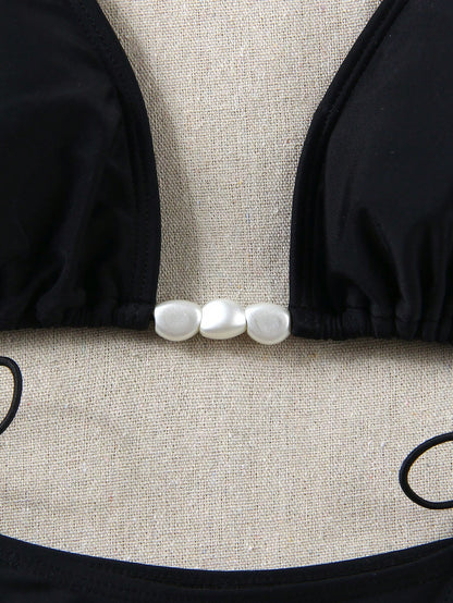Women's Fashionable Elegant Black Beaded Halter Bikini Set, Suitable For Beach Vacation, Party And Gathering Summer