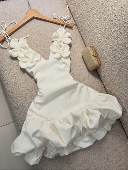 Women's Floral Decor Valentine's Day Party Evening Dress, Sexy Bud Strap Dress White Summer Elegant