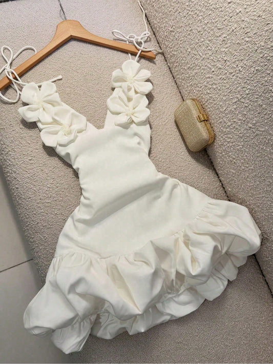 Women's Floral Decor Valentine's Day Party Evening Dress, Sexy Bud Strap Dress White Summer Elegant