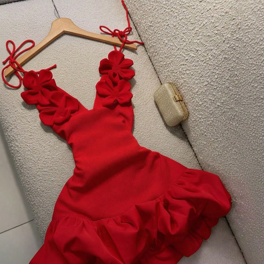 Women's Floral Decor Valentine's Day Party Evening Dress, Sexy Bud Strap Dress White Summer Elegant