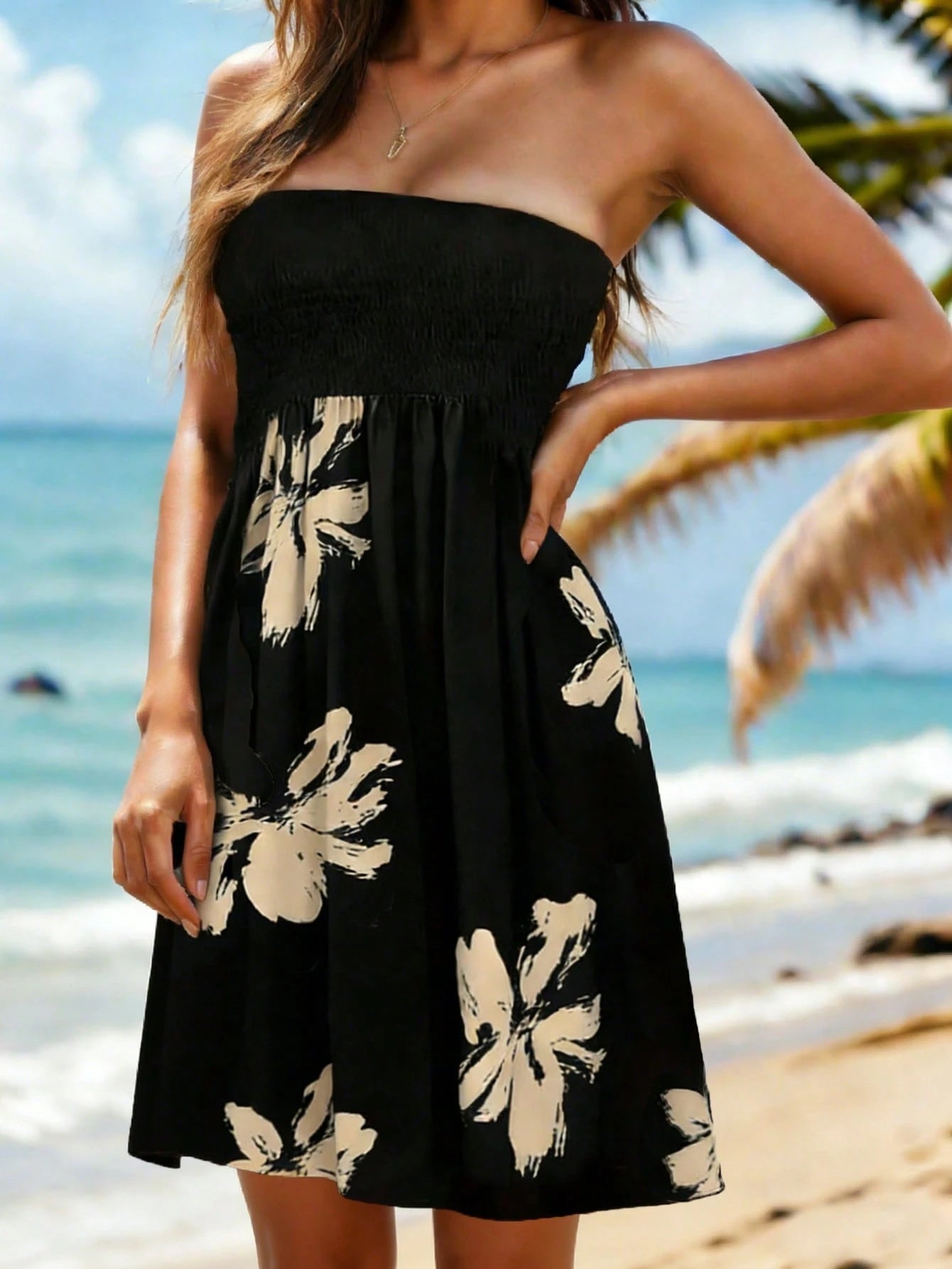 Women's Floral Patchwork Strapless Tube Dress, Summer Beach Cover-Up Black Vacation Elegant