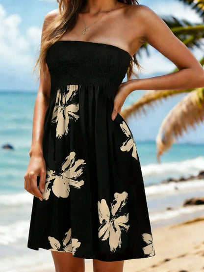 Women's Floral Patchwork Strapless Tube Dress, Summer Beach Cover-Up Black Vacation Elegant