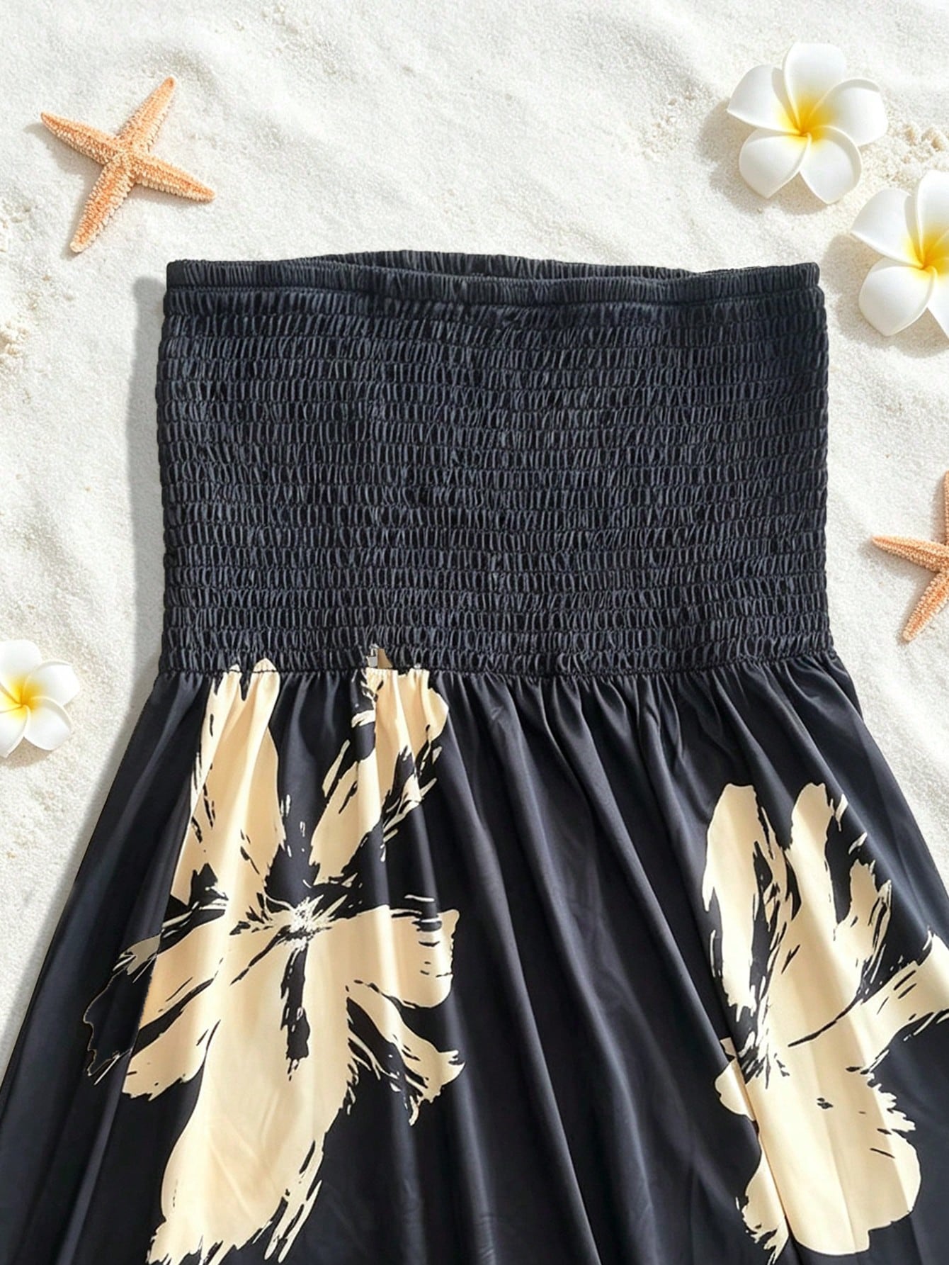 Women's Floral Patchwork Strapless Tube Dress, Summer Beach Cover-Up Black Vacation Elegant