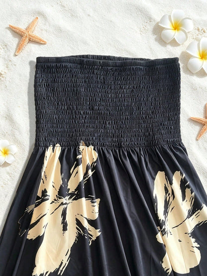 Women's Floral Patchwork Strapless Tube Dress, Summer Beach Cover-Up Black Vacation Elegant