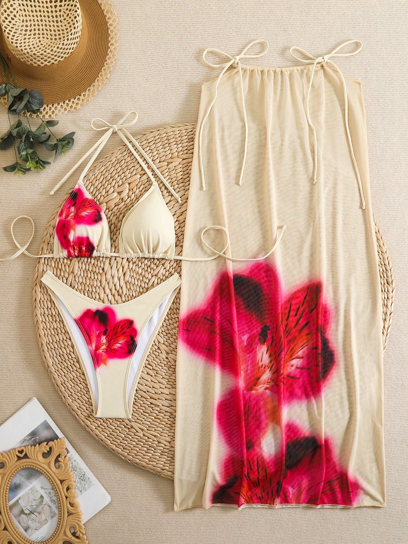 Women's Floral Print Boho Style Halter Bikini Set With Matching Sarong 3 Pieces Swimsuit, Summer Beach Vacation Yellow