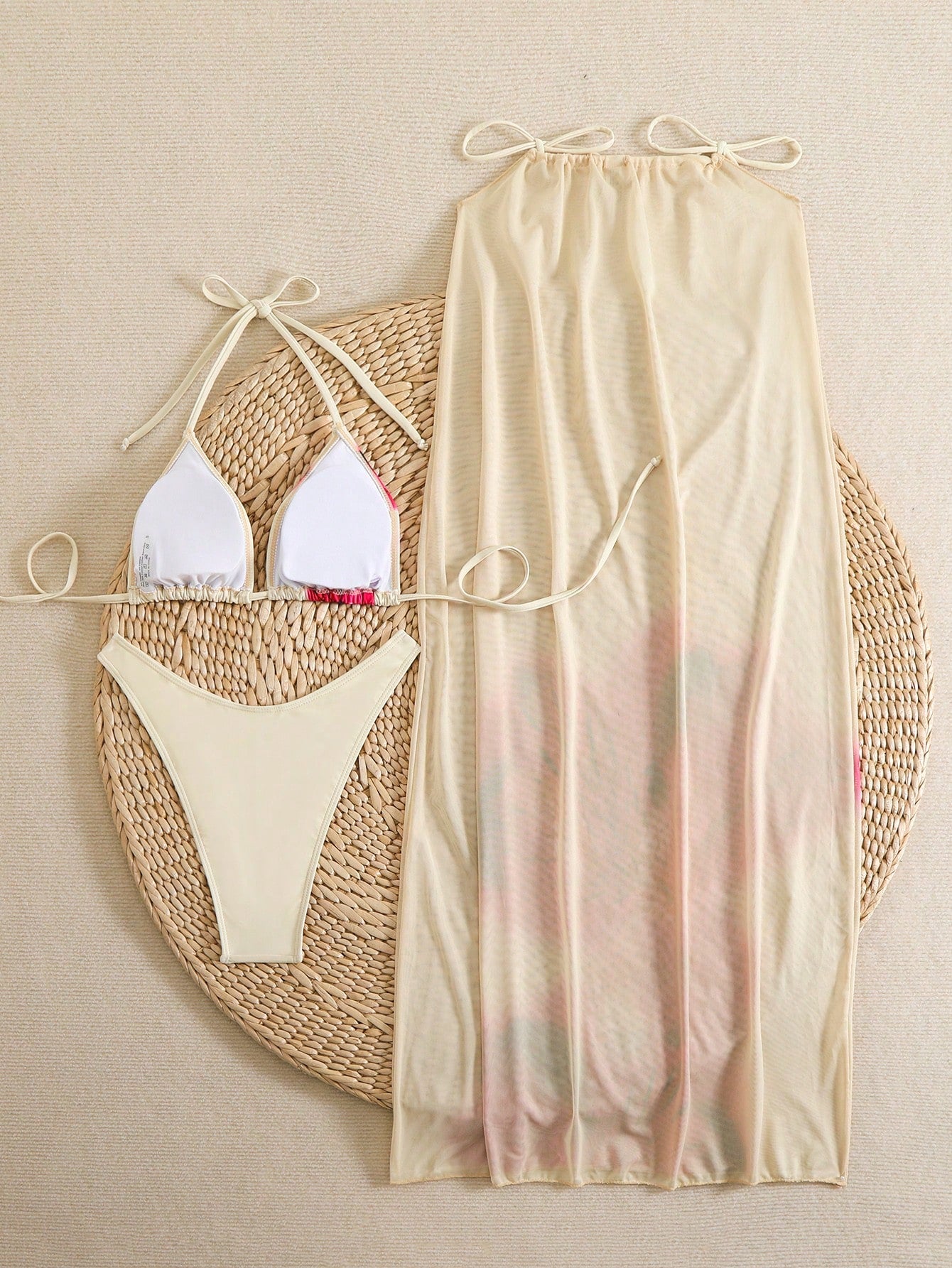 Women's Floral Print Boho Style Halter Bikini Set With Matching Sarong 3 Pieces Swimsuit, Summer Beach Vacation Yellow
