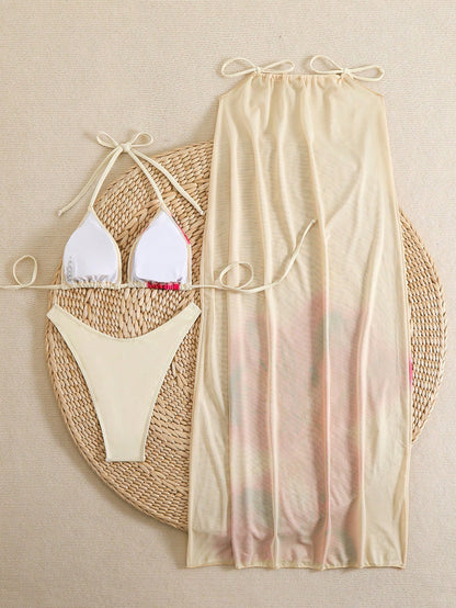Women's Floral Print Boho Style Halter Bikini Set With Matching Sarong 3 Pieces Swimsuit, Summer Beach Vacation Yellow