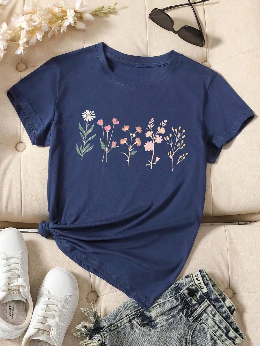Women's Floral Print Short Sleeve T-Shirt Graphic Tees Women Tops--Summer Cotton Round Neck Letter T-Shirt