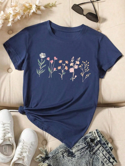 Women's Floral Print Short Sleeve T-Shirt Graphic Tees Women Tops--Summer Cotton Round Neck Letter T-Shirt