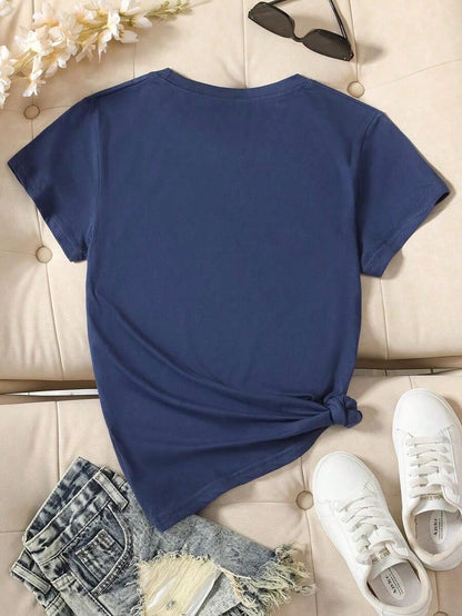 Women's Floral Print Short Sleeve T-Shirt Graphic Tees Women Tops--Summer Cotton Round Neck Letter T-Shirt