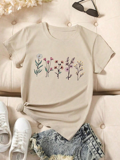 Women's Floral Print Short Sleeve T-Shirt Graphic Tees Women Tops--Summer Cotton Round Neck Letter T-Shirt