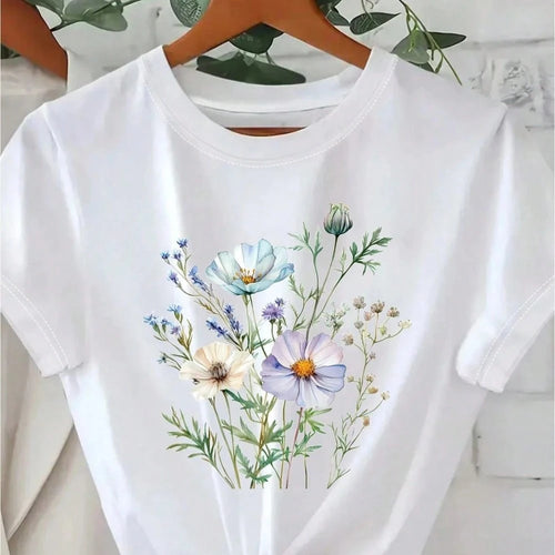 Women'S Floral Print T-Shirt, Casual Short-Sleeve Top With A Round Neck For Spring And Summer