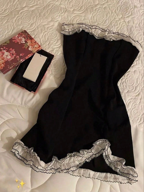 Women's Frill Trim Bandeau Mini Dress, Fashionable For Dates And Parties