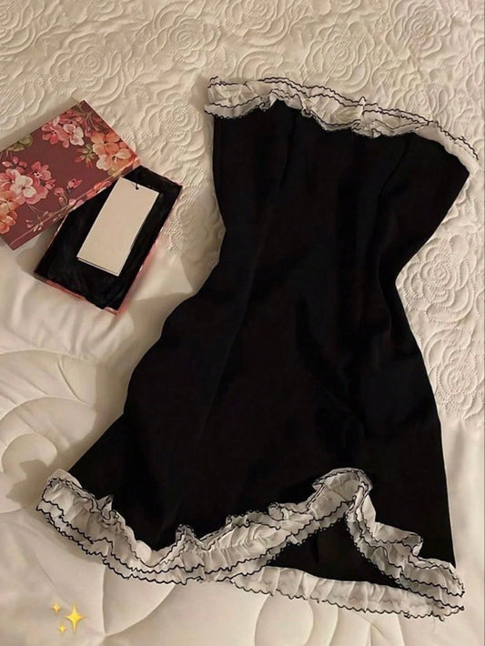Women's Frill Trim Bandeau Mini Dress, Fashionable For Dates And Parties